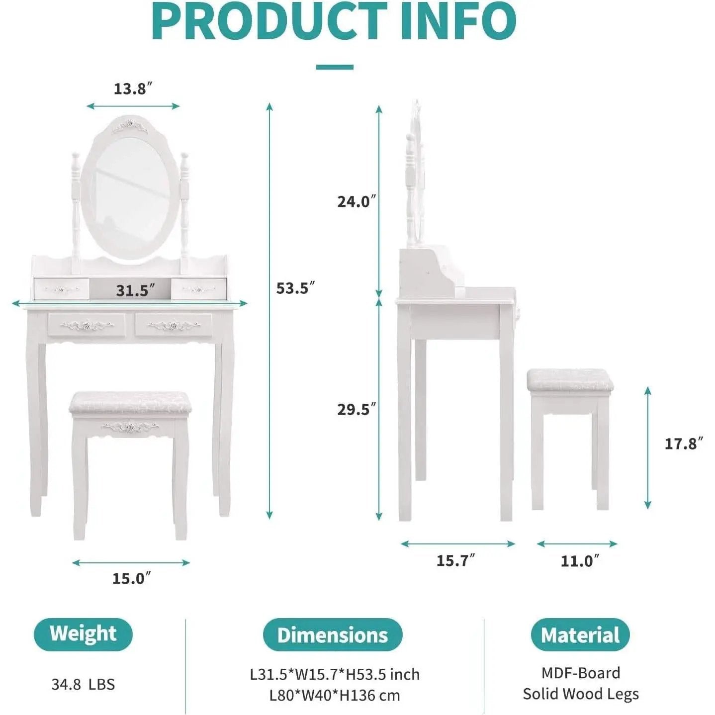 White Vanity Table Set With 360 Degree Rotating Mirror from PriceLows™