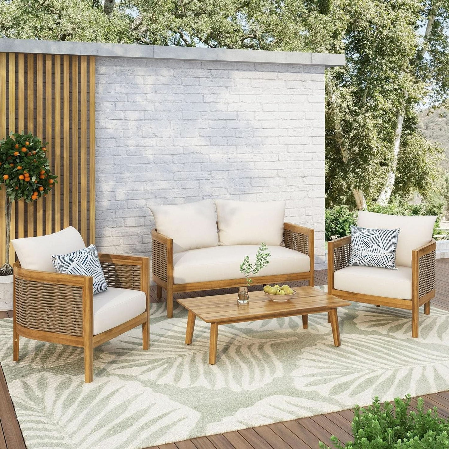 Burchett Outdoor 4 Piece Chat Set Acacia Wood And Wicker Teak Brown Beige from PriceLows™