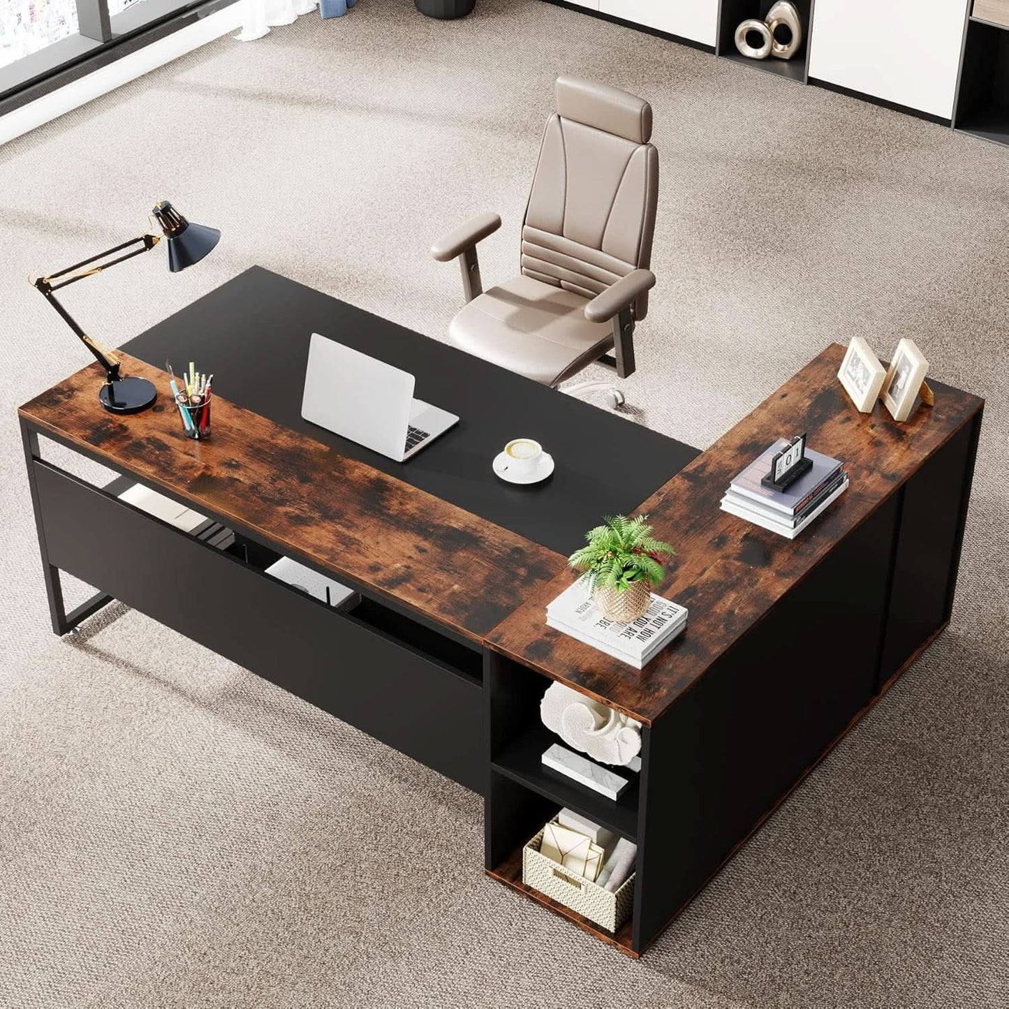 71 Inch L Shaped Executive Desk Brown And Black Office from PriceLows™