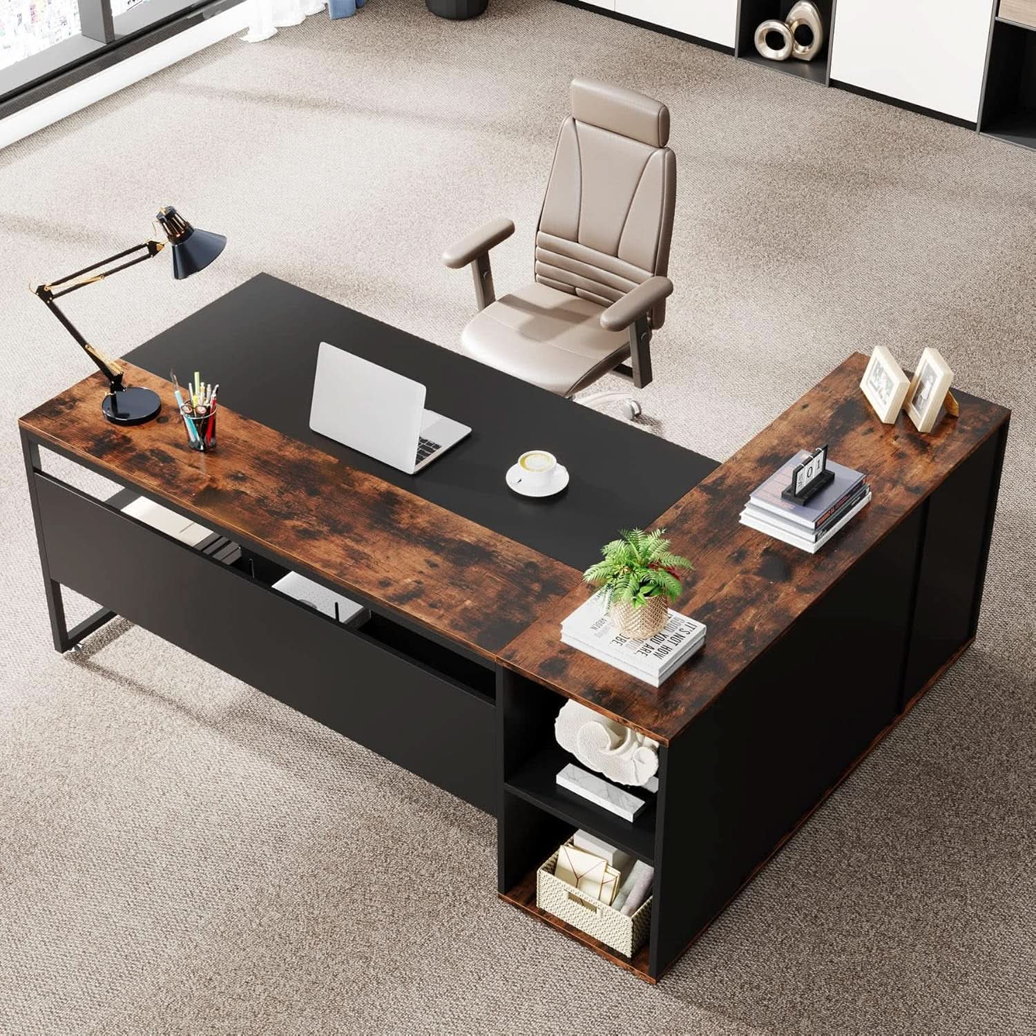 71 Inch L Shaped Executive Desk Brown And Black Office from PriceLows™