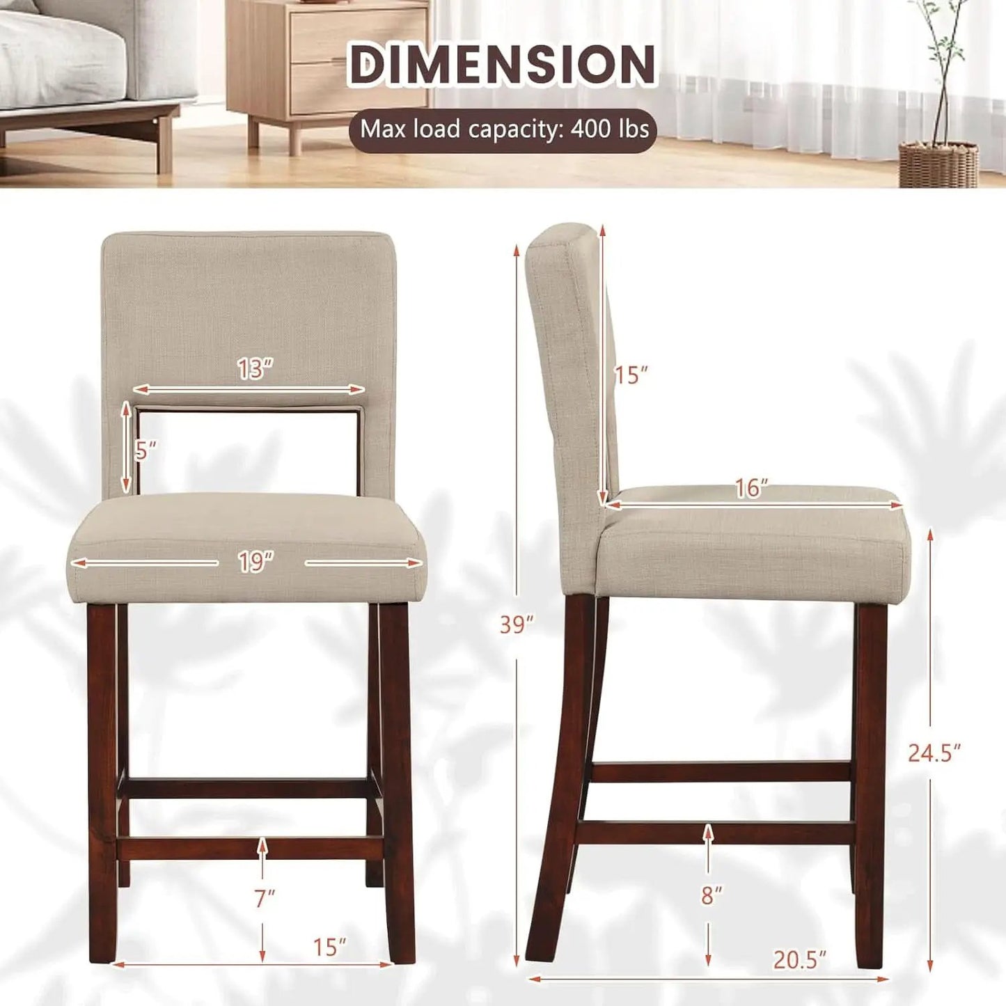 24.5 Inch Counter Height Bar Stools Set Of 4 With Back Upholstered Beige Linen For Kitchen Island from PriceLows™