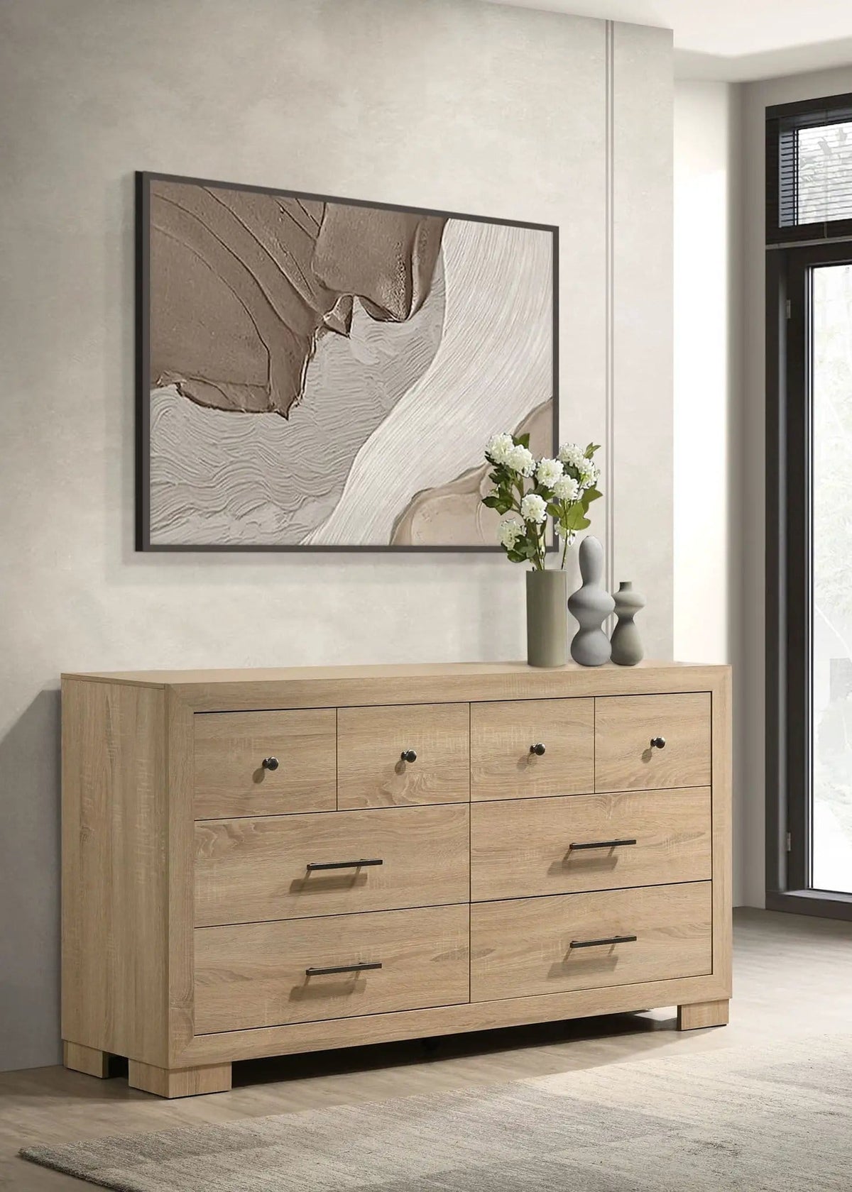 Arielle 6-drawer Bedroom Dresser Cabinet | 61 x 17.25 x 33.75 in | Engineered Wood & Metal | Light Oak