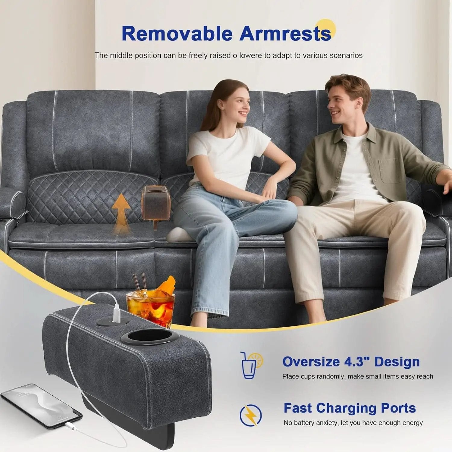 Grey Velvet 3 Seater Recliner Sofa With USB Ports Storage from PriceLows™