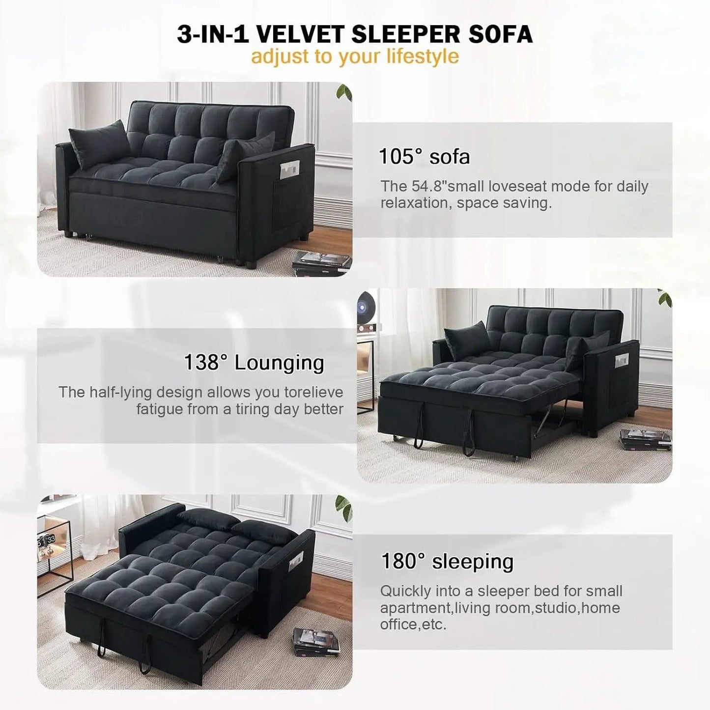 Black Velvet Sleeper Sofa With Adjustable Backrest from PriceLows™