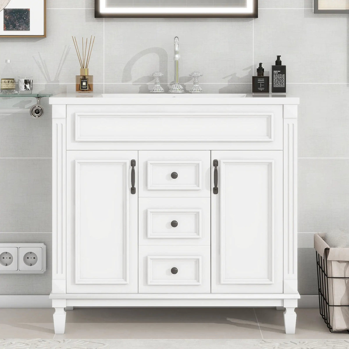 36 Inch Bathroom Vanity With Top Sink | Basin On Cabinet | 2 Soft Closing Doors | 2 Drawers