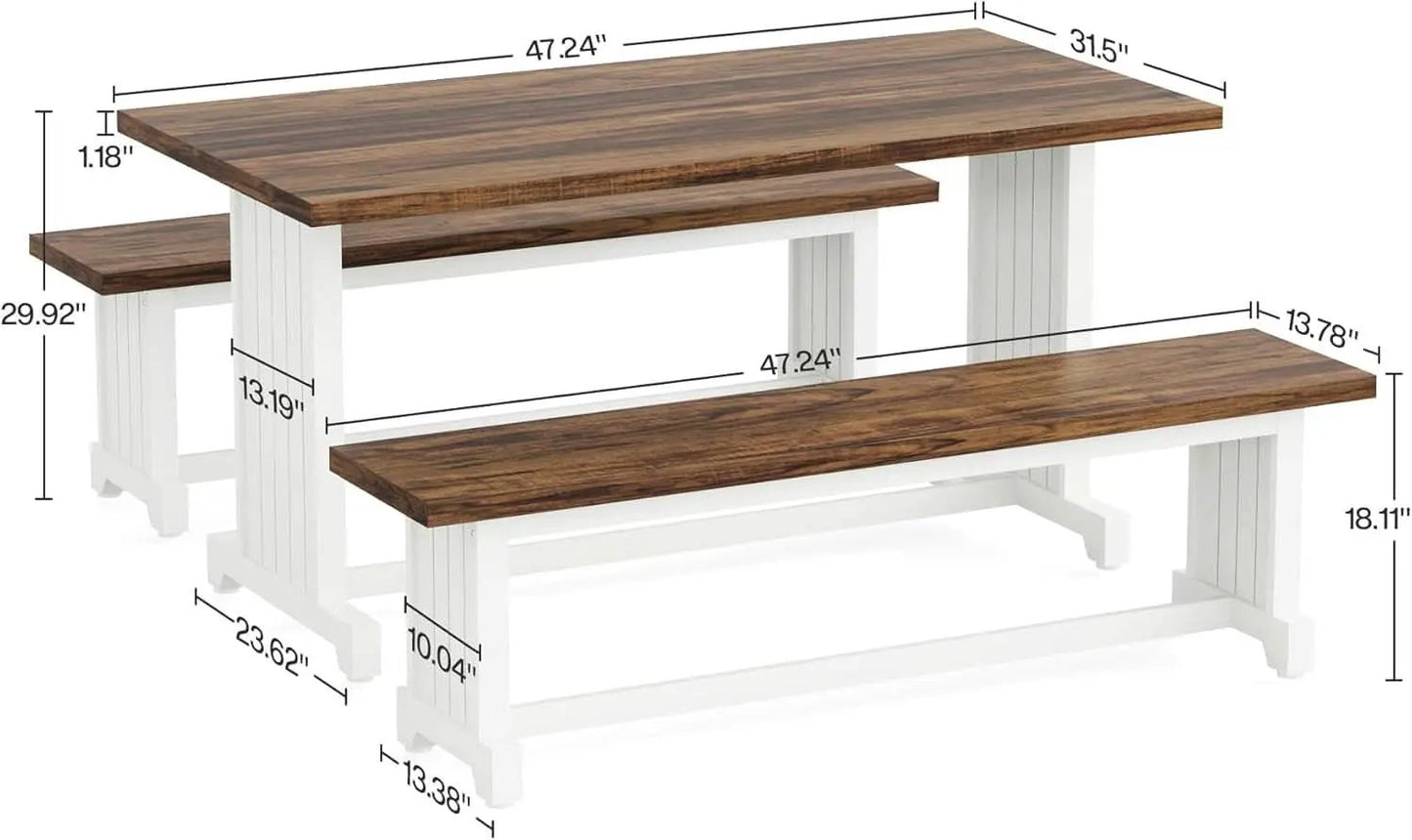 47 Inch Dining Table Set For 4 With 2 Benches Farmhouse White And Rustic Brown from PriceLows™
