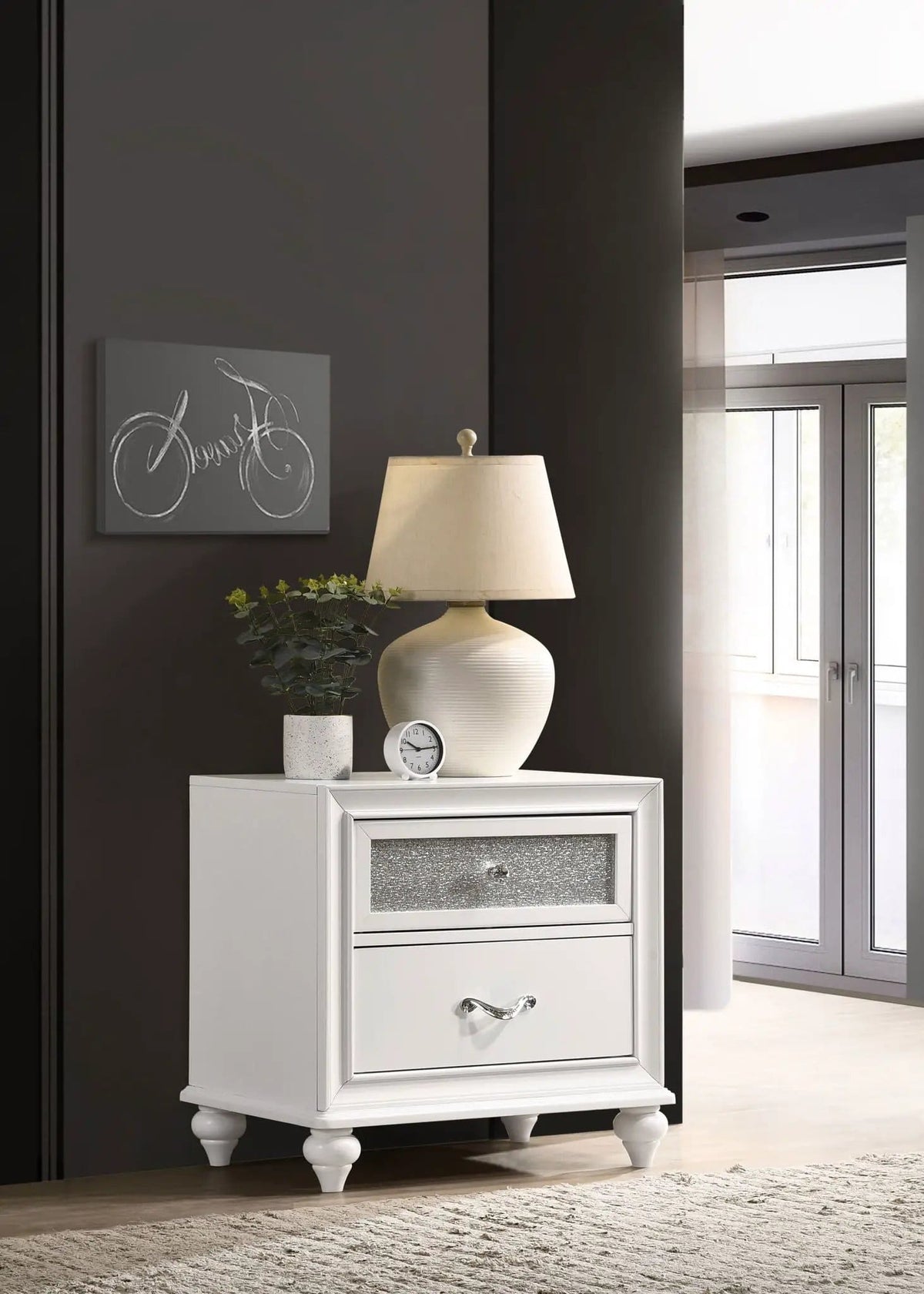 Barzini 2-drawer Nightstand | 25.25 x 16.5 x 25.25 in | Crystal | White