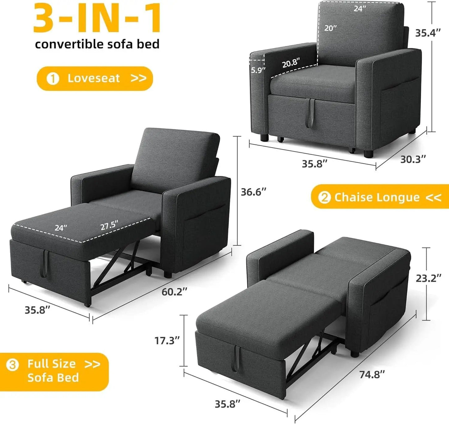 SlateGray Convertible Sleeper Sofa Bed With Armrests from PriceLows™