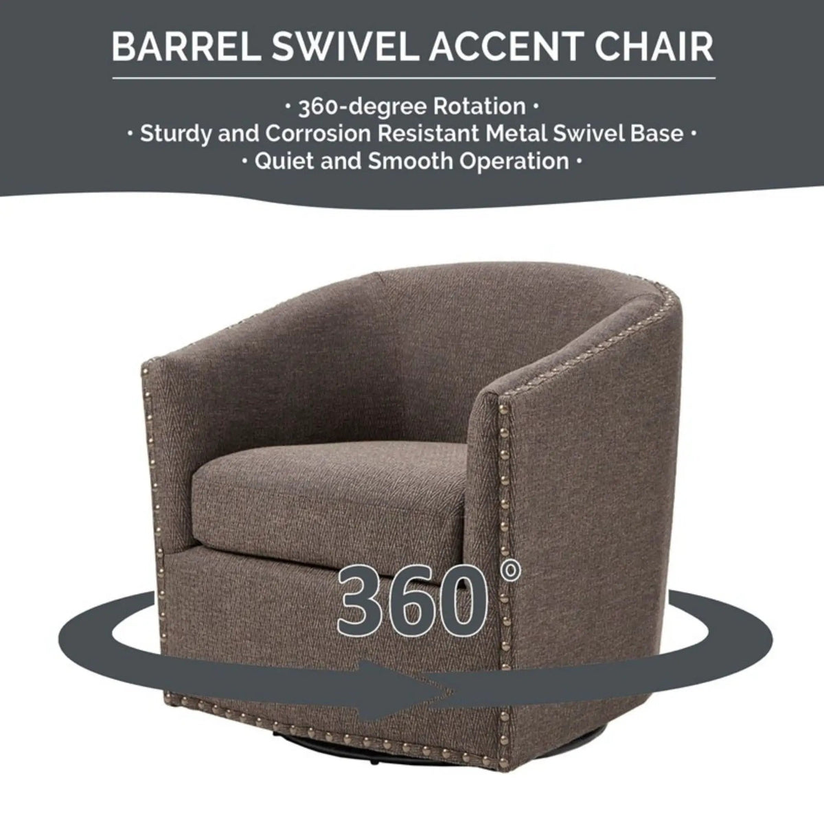 Swivel Chair With 360 Degree Rotation | Silver Nailhead Accents | Metal Base | High-Density Foam Cushion