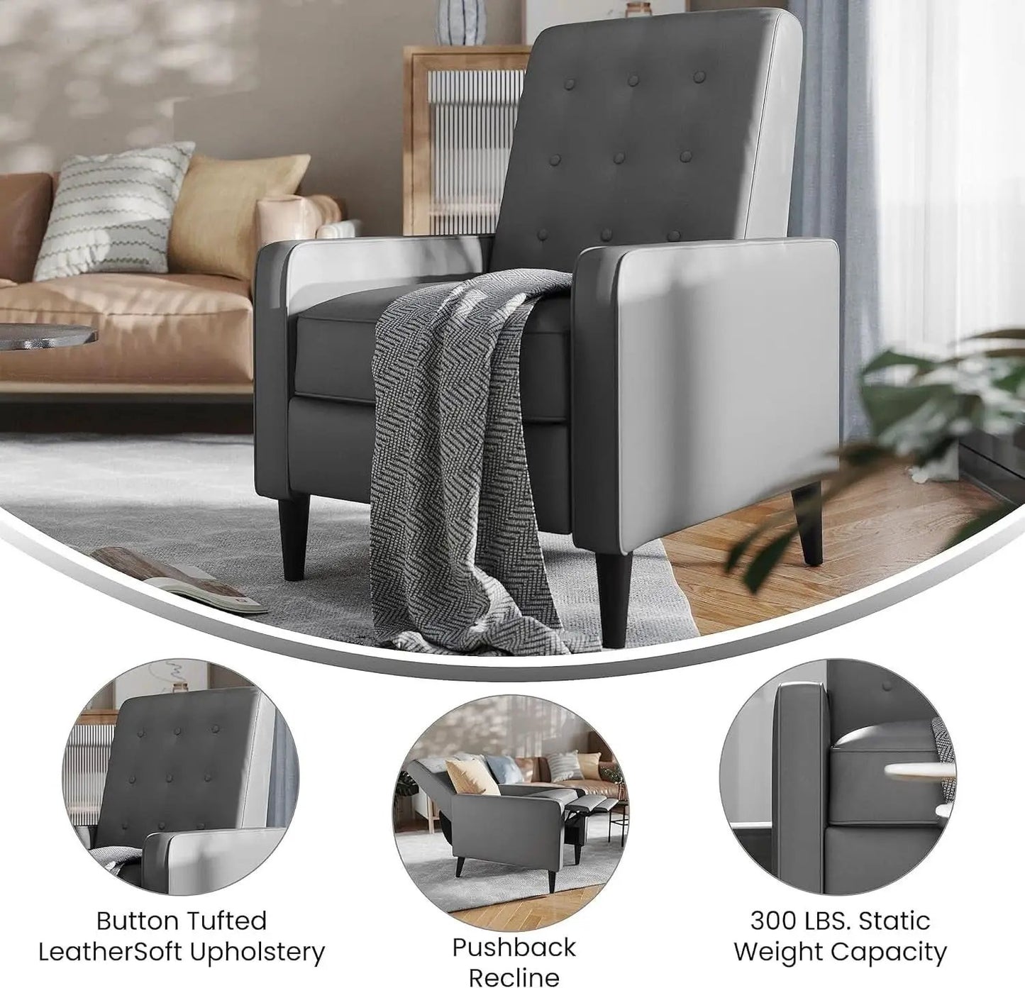 Ezra Pushback Recliner Light Gray LeatherSoft Mid Century Modern from PriceLows™