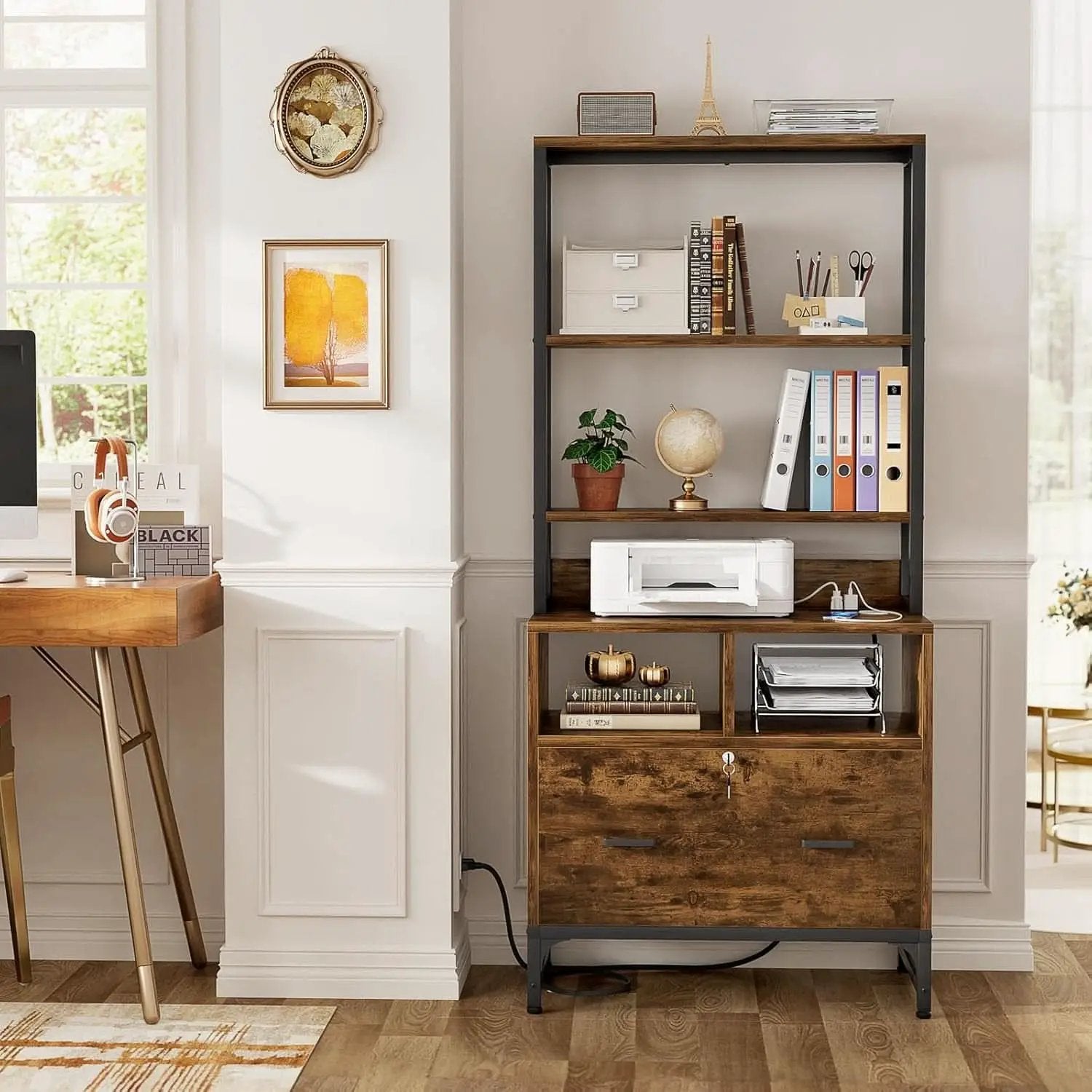 File Cabinet With Charging Station Lockable Vertical Filing Cabinet Rustic Brown from PriceLows™