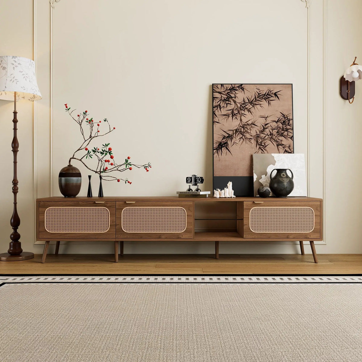 TV Stand | 78 Inch Wide | Rattan And Glass | Walnut Finish