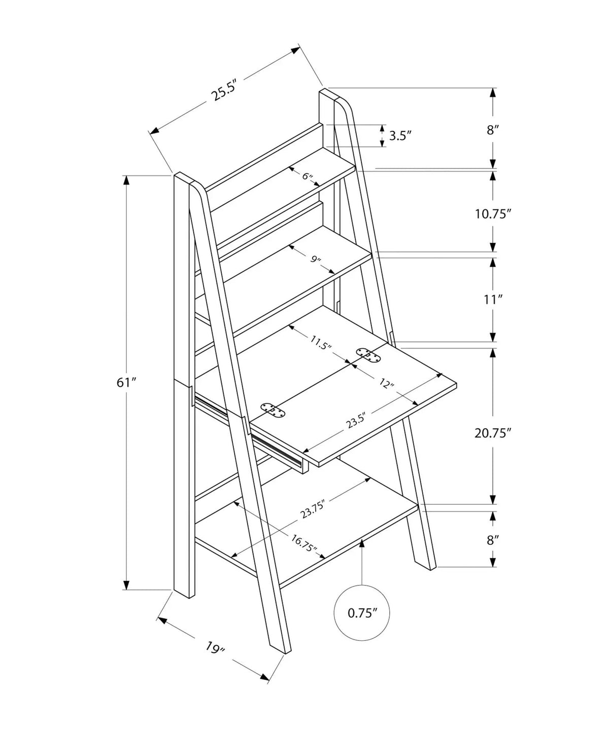 Ladder Style Leaning Desk | 61 Inch Height | Closed Storage Area | Storage Shelves