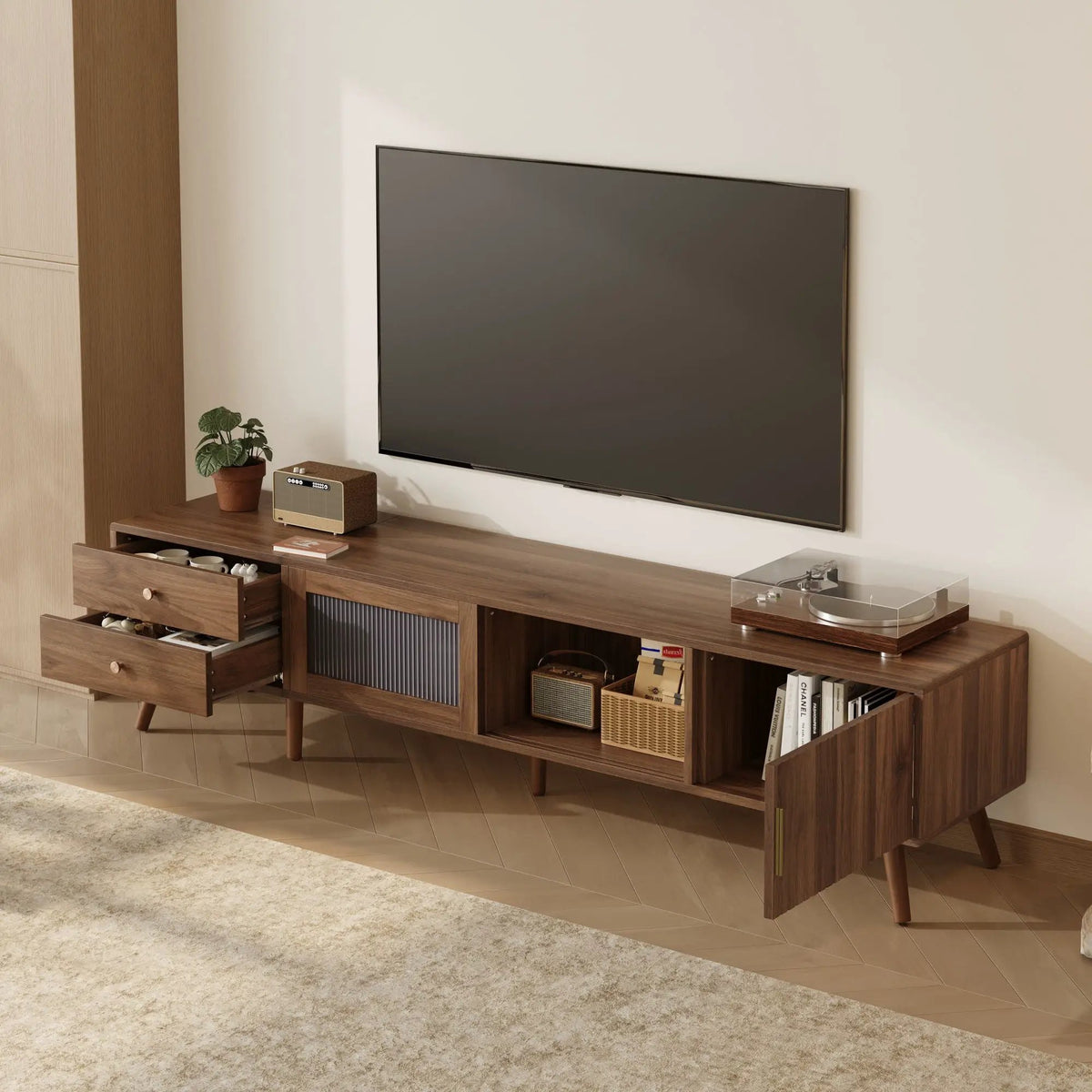 76 Inch TV Stand | Tempered Glass Doors | Two Deep Drawers | Natural Wood Legs