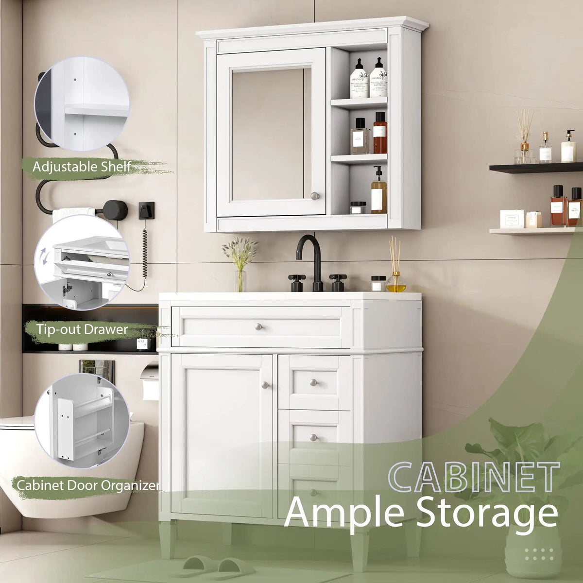 Bathroom Vanity With Top Sink, 2 Doors And 3 Drawers, Freestanding Set With Mirror | Vanity & Cabinet | Solid Wood & Ceramic | Bathroom