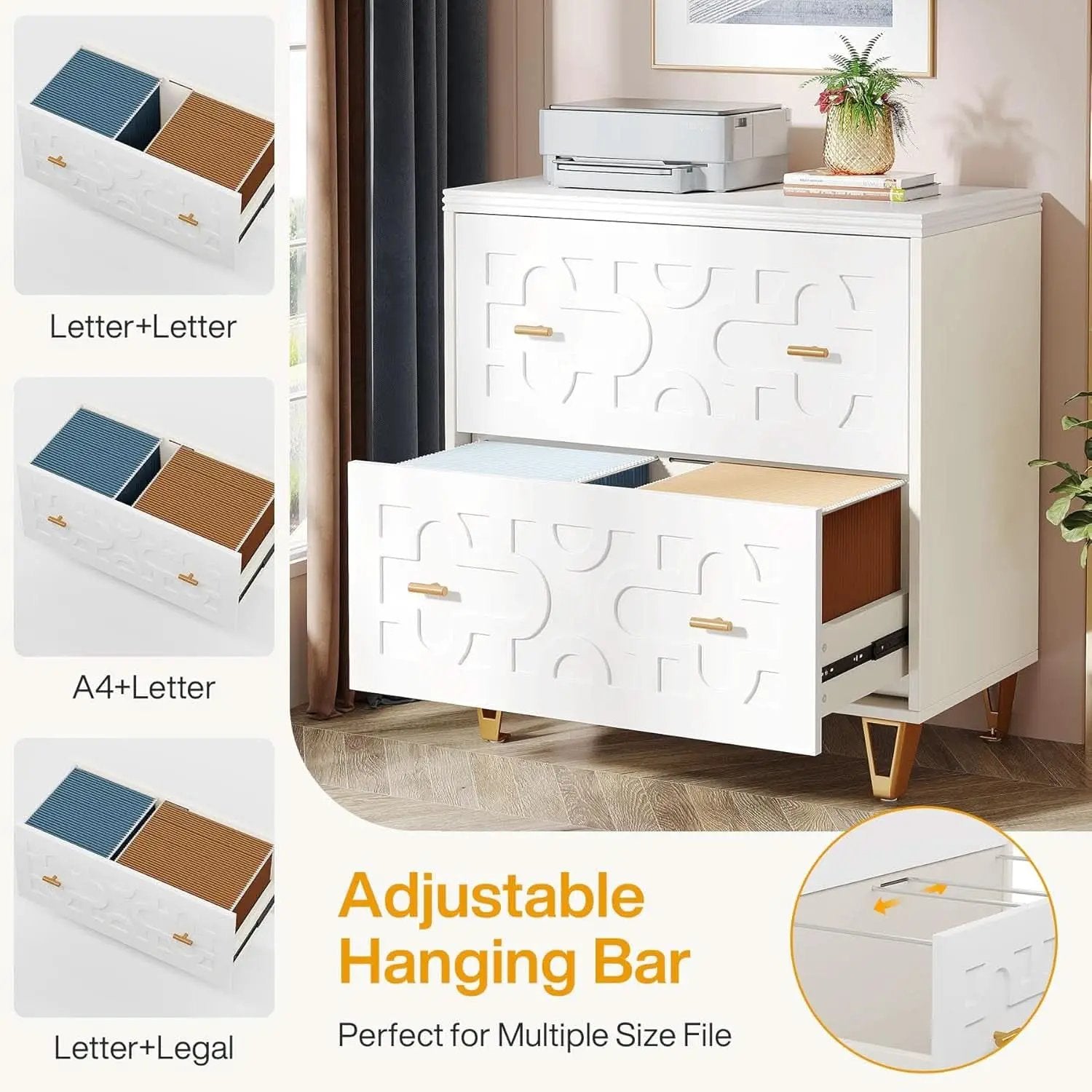 Two Drawer Lateral File Cabinet White And Gold For Legal Letter A4 Files Printer Stand Home Office from PriceLows™