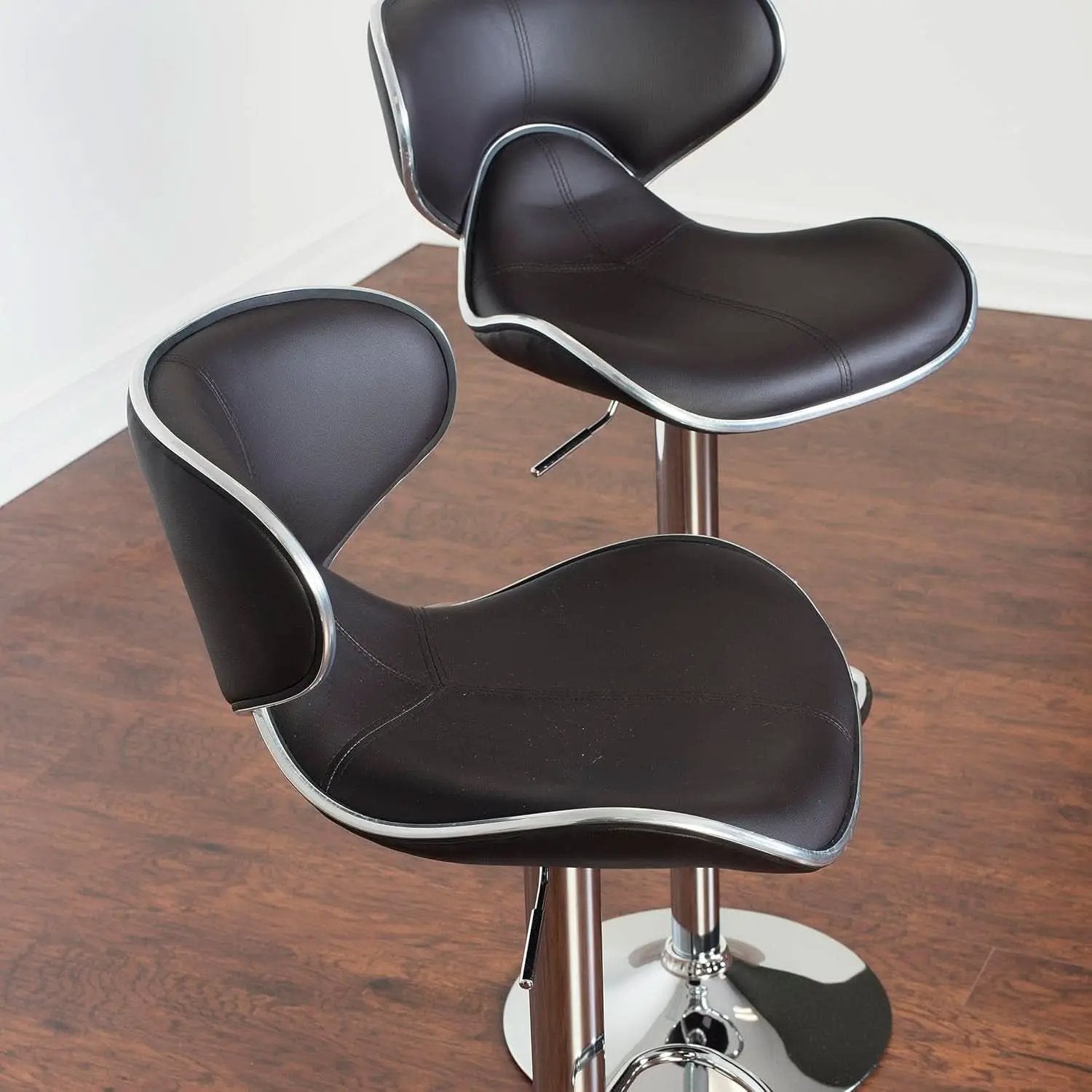 Two Brown Airlift Swivel Barstools With Chrome Base Adjustable Height 360 Degree Rotation from PriceLows™
