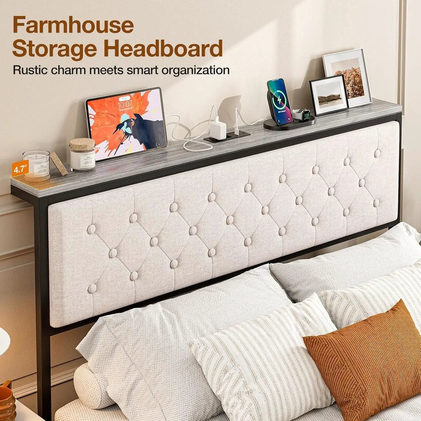 Queen Size Upholstered Headboard with Storage and Charging from PriceLows™