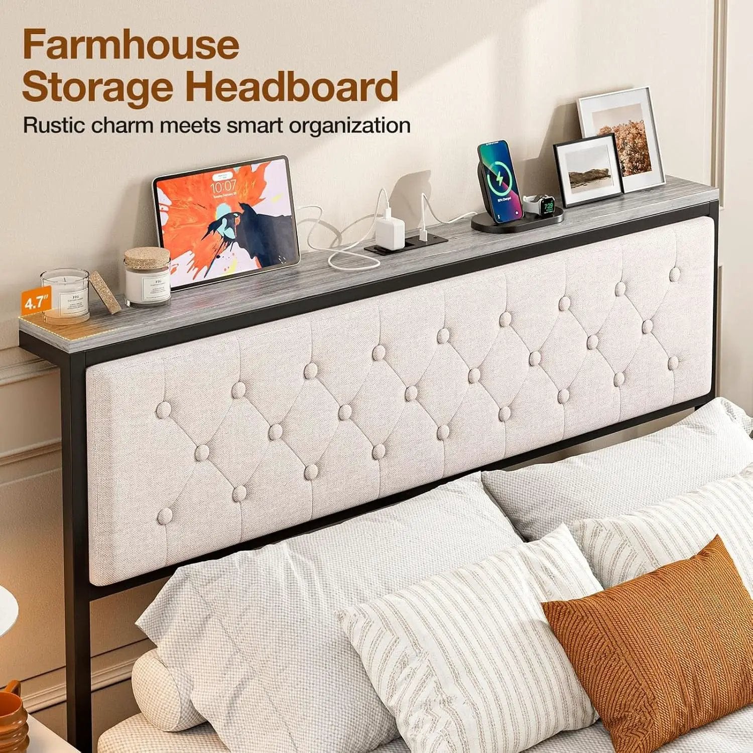 Queen Size Upholstered Headboard with Storage and Charging from PriceLows™