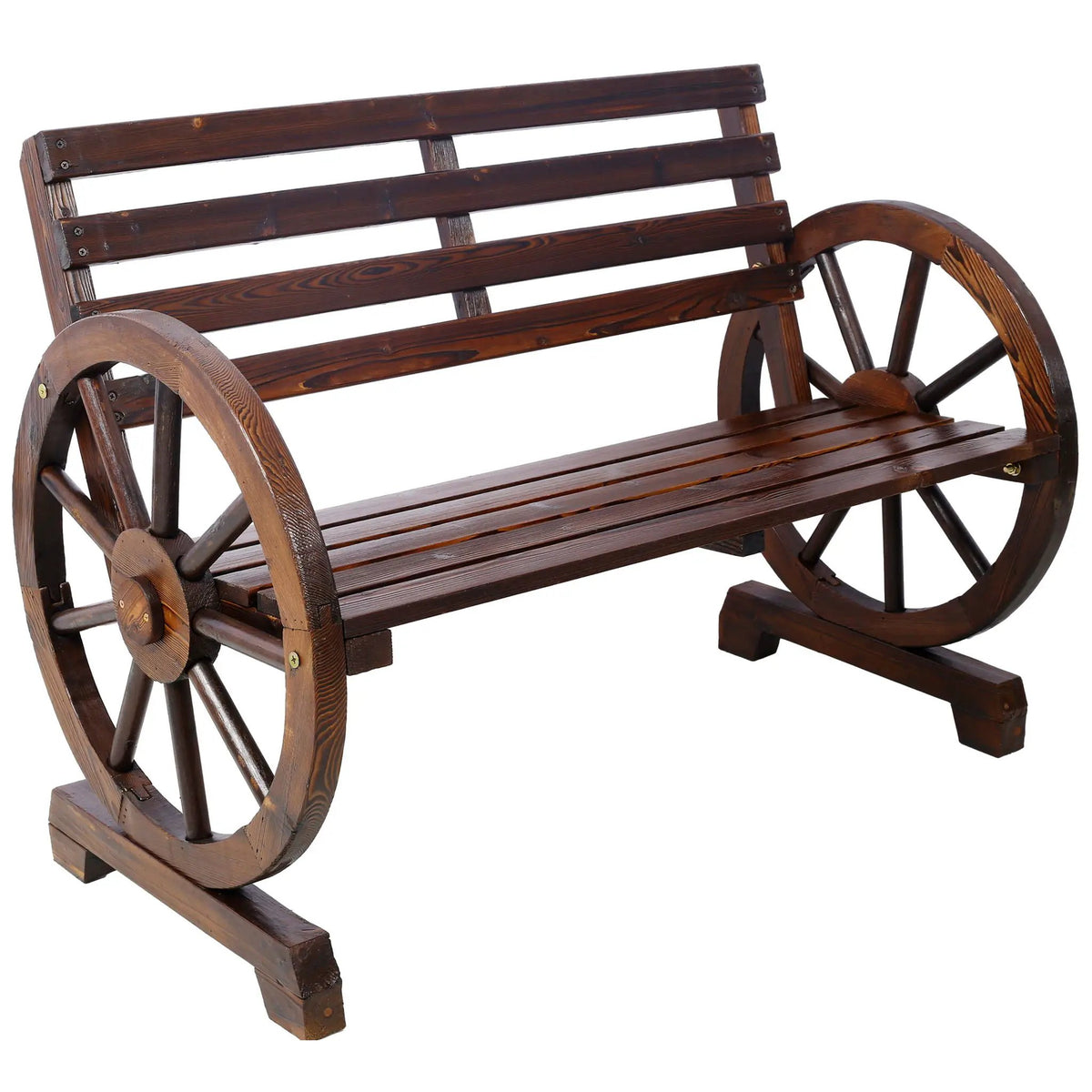 Outdoor Wagon Wheel Bench | Solid Fir Wood | 2 Person | Dark Brown