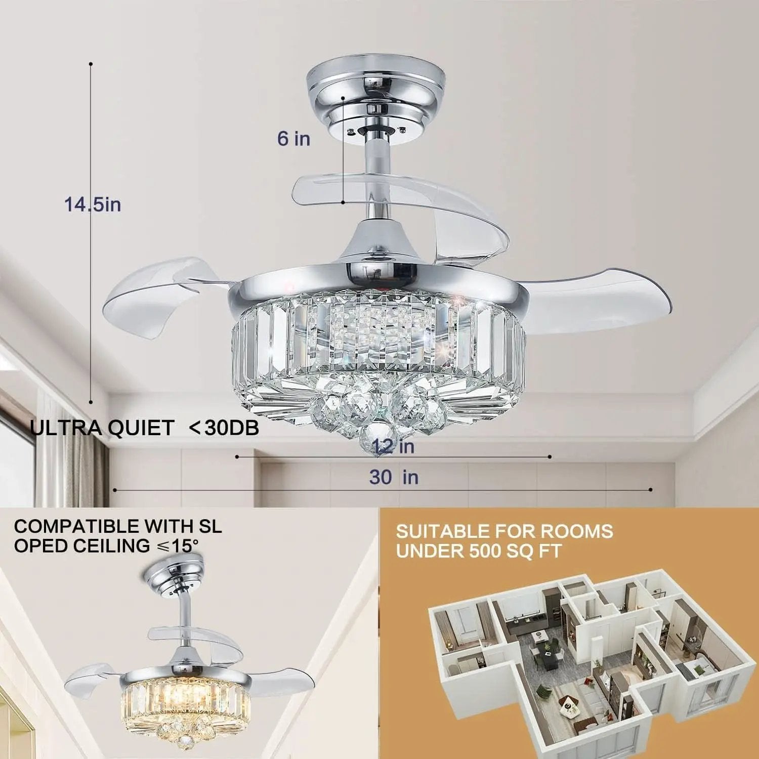 30 Inch Crystal Chandelier Ceiling Fan With Retractable Blades from PriceLows™