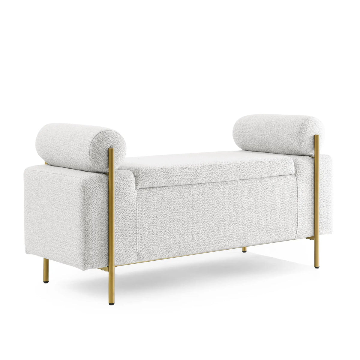 Upholstered Storage Bench | Cylindrical Arms | Iron Legs