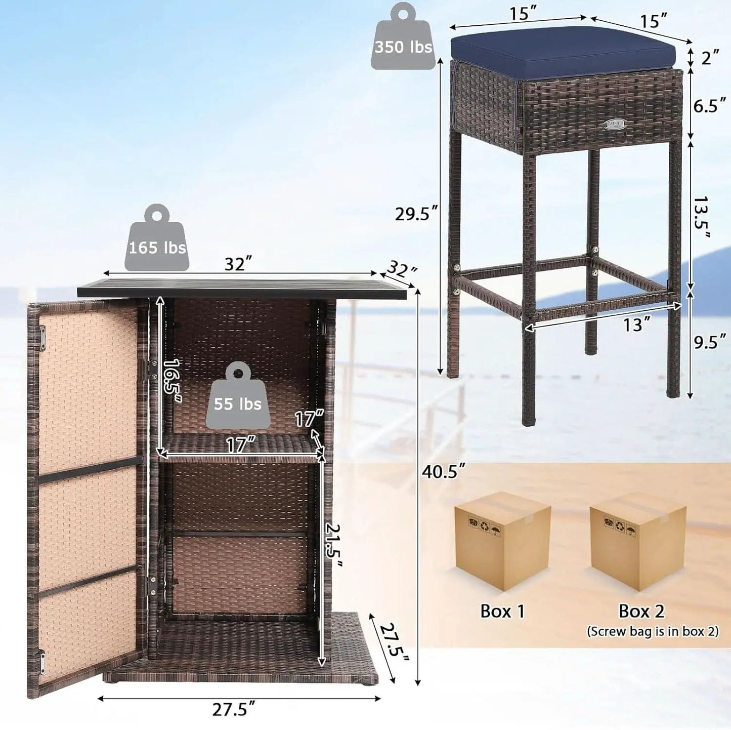 5 Piece Outdoor Bar Set Navy Blue Bar Height Table Storage from PriceLows™