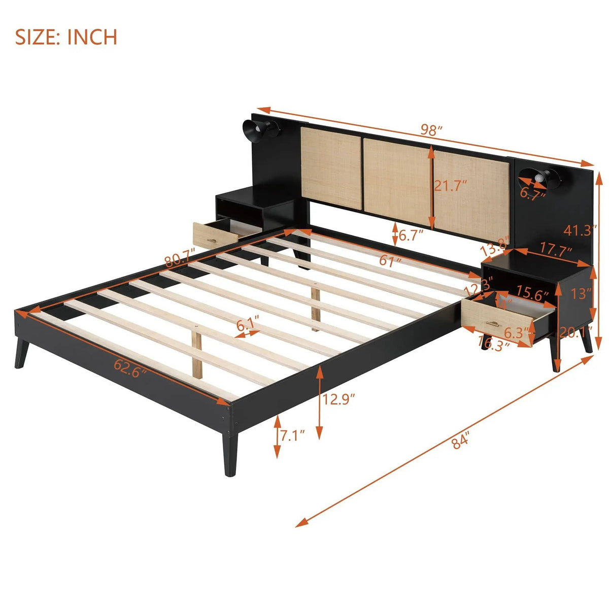 Bed Frame With 2 Nightstands Elegant Design With Lamps 3 Piece Bedroom Set | 84 x 98 x 41.3 in | Solid Wood & Rattan | Bedroom