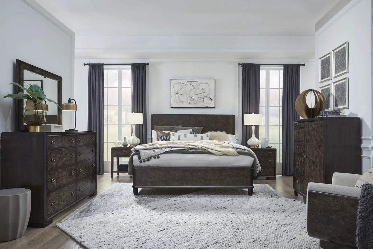 Rowan Panel Bed | Mappa Burl Veneers | Mixed Materials | Handsome Bedroom Collection