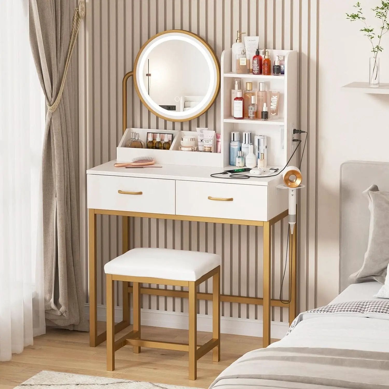 White Round LED Makeup Vanity Mirror With Charging Station 31.5 Inch from PriceLows™