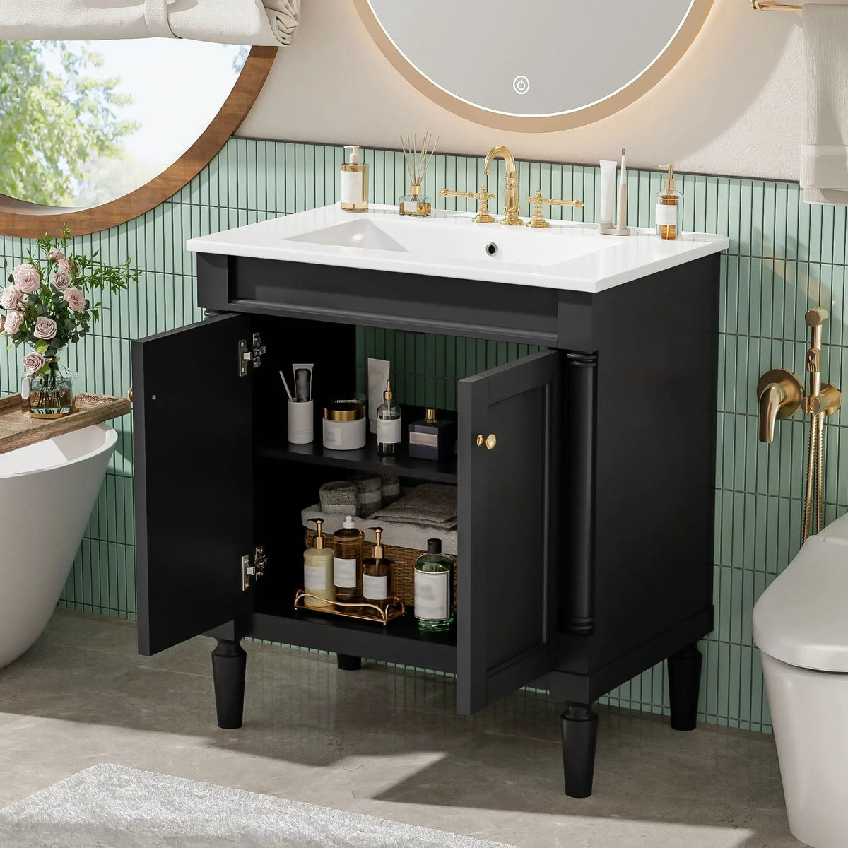 30 Inch Bathroom Vanity With Sink | Soft Close Doors | Carved French Detailing | Adjustable Shelf