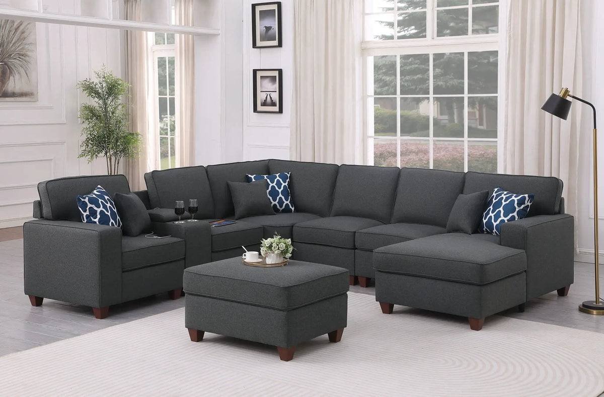 Tina 8-Piece Sectional | Upholstered Design | Ottoman Included | USB Cupholder Console