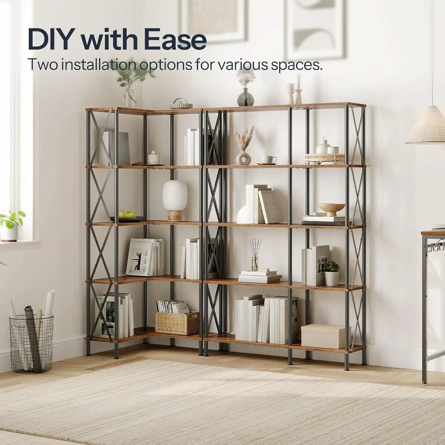 Corner Bookshelf 5-Tier L-Shaped Industrial Bookcase In Rustic Brown from PriceLows™