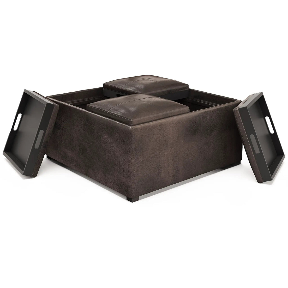 Avalon Upholstered Storage Ottoman | Vegan Leather | Four Flip Over Serving Trays | 35 Inch Width