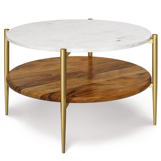 Wagner Round Marble And Wood Coffee Table | Solid Acacia | Open Bottom Shelf | 29.9 Inch Diameter