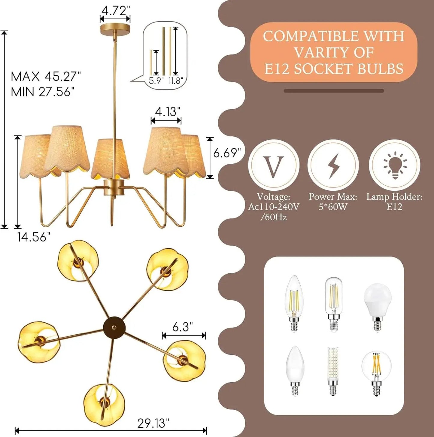 28 Inch Rattan Chandelier Antique Brass Five Light Pendant With Flower Shade Lamps from PriceLows™
