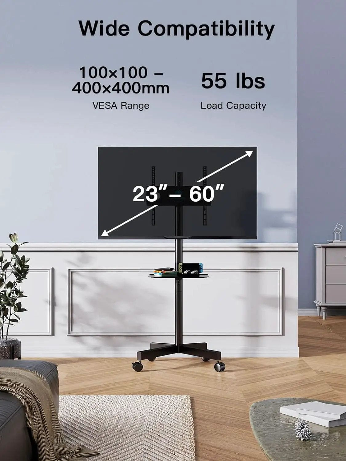 Mobile TV Cart on Wheels for 23 to 60 Inch TVs Height Tray