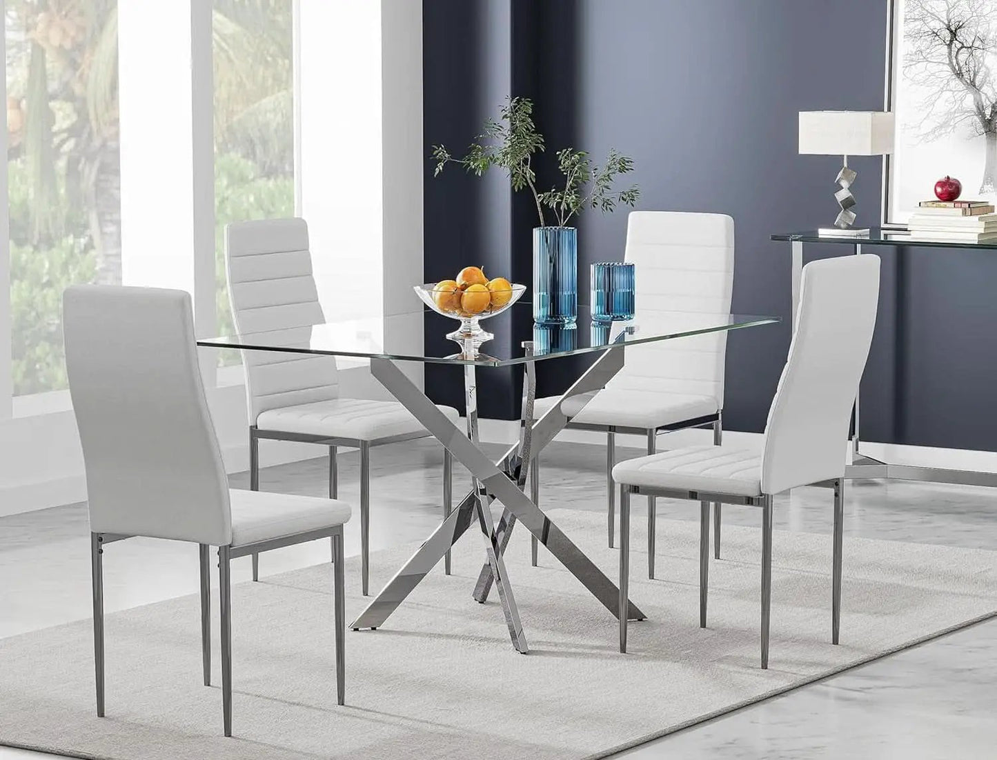 Tempered Glass Dining Table With Chromed Legs 47In White Silver from PriceLows™