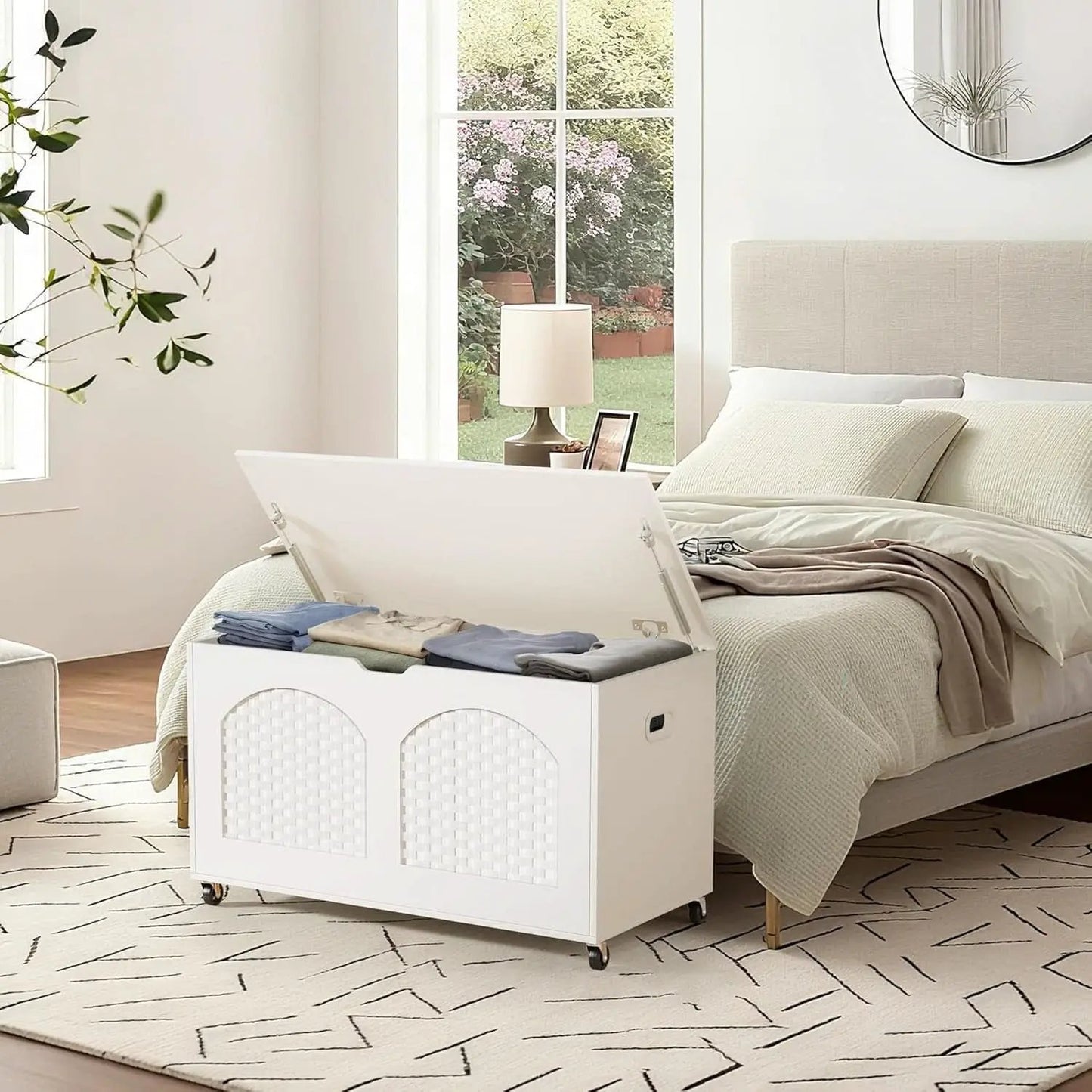 White Wooden Storage Bench On Wheels from PriceLows™