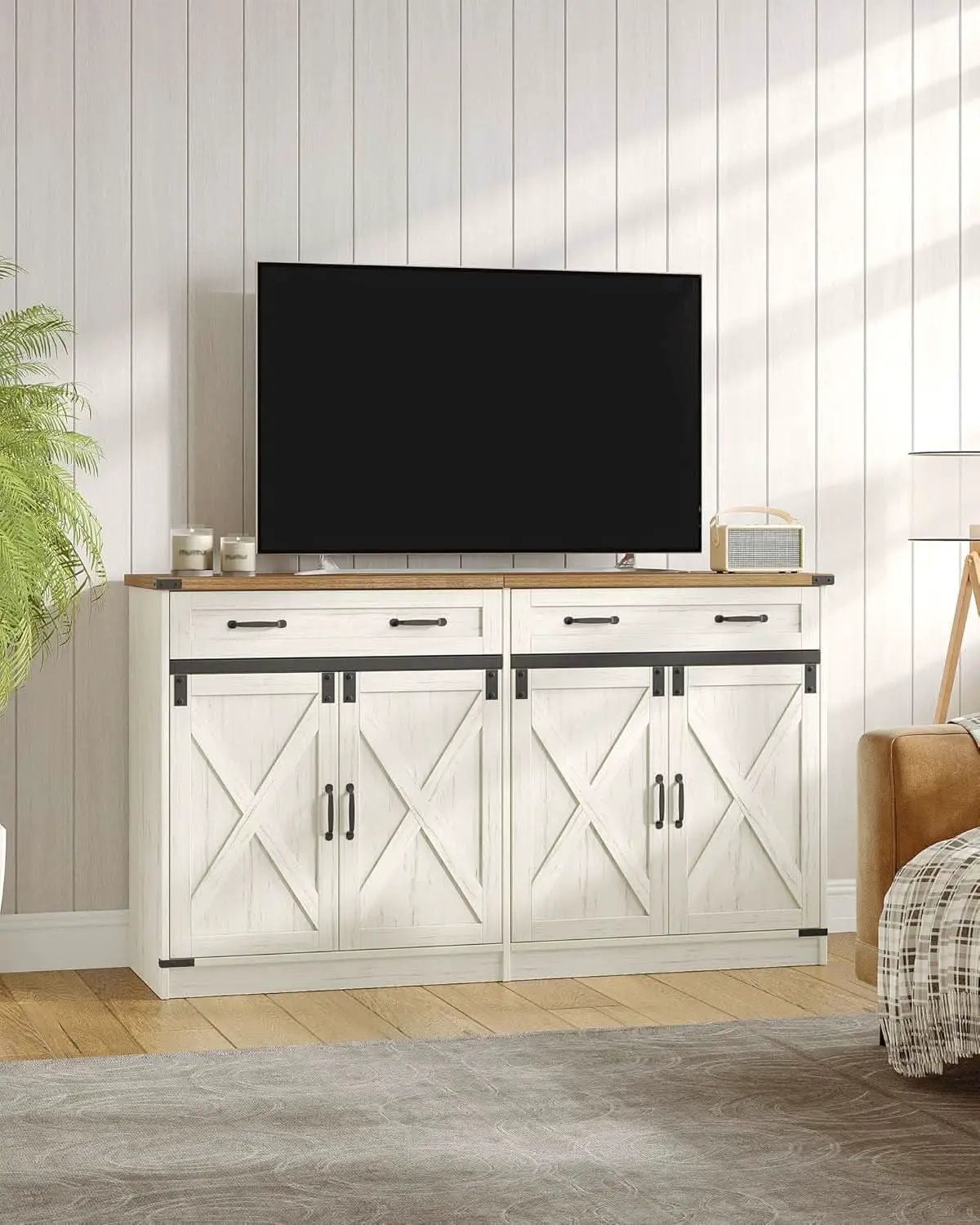 White Brown Farmhouse Buffet Cabinet Adjustable Shelves from PriceLows™