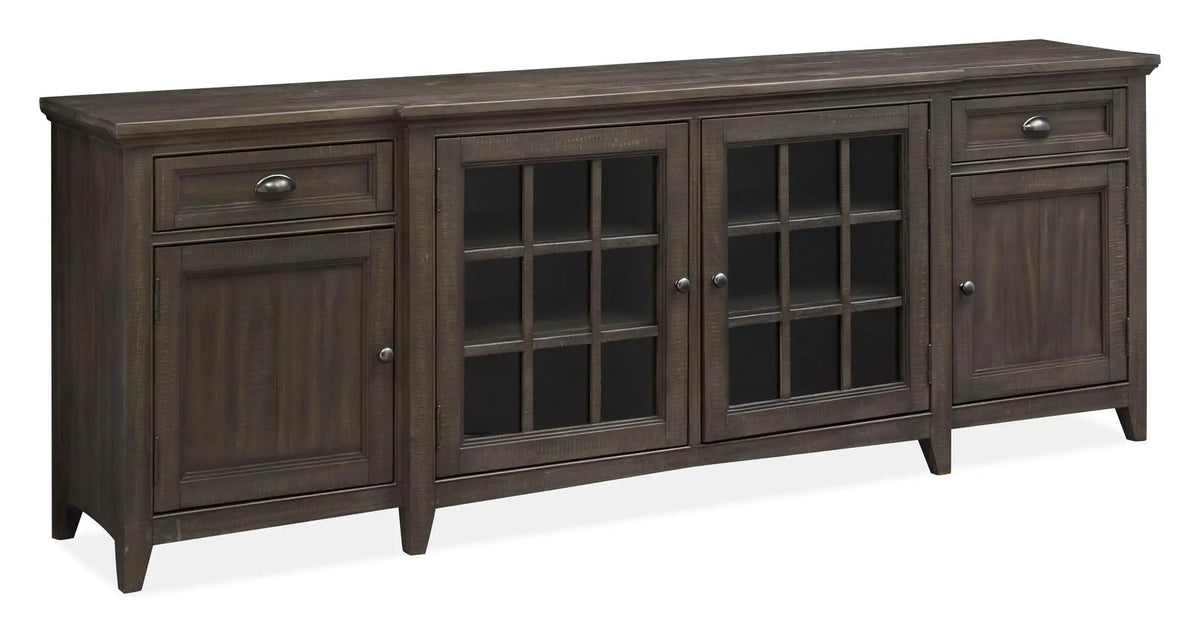 Westley Falls Entertainment Console | Wood Framed Glass Doors | Felt Lined Top Drawers | 70 Inch Width