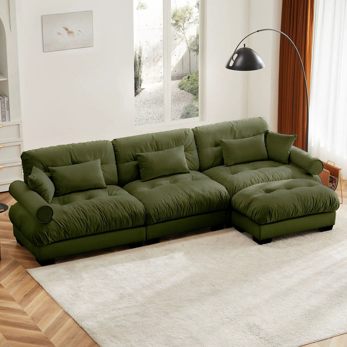 Modular Sectional Sofa | Deep Comfort Cushions | Vintage Fabric Ottoman