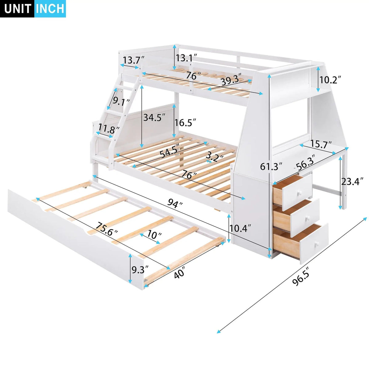 Bunk Bed | Trundle | Integrated Desk | 3 Storage Drawers