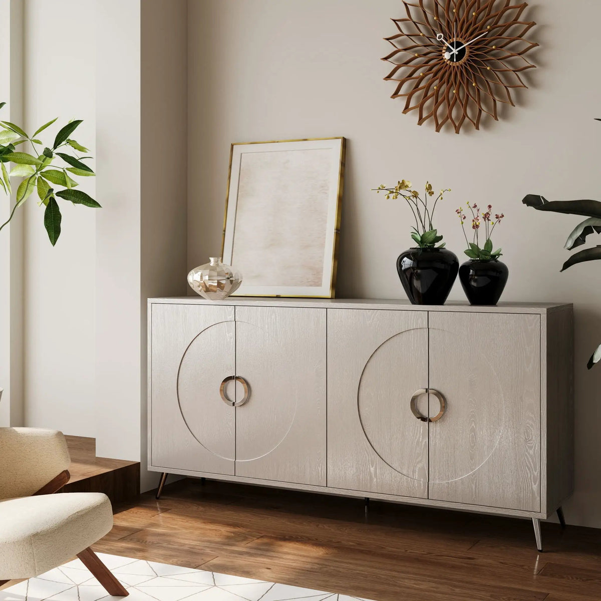 Lacquered 4 Door Sideboard Buffet | Matte Navy Finish | Solid Wood Veneer | Metal Legs