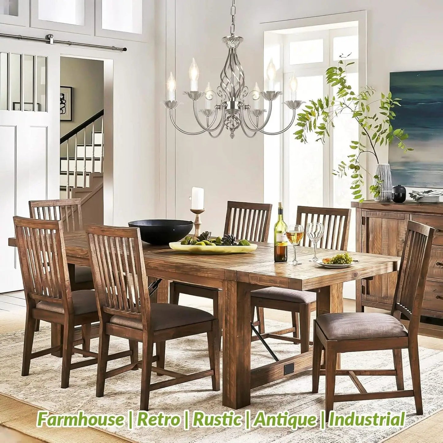 6-Light Rustic Farmhouse Candle Chandelier, Brushed Nickel from PriceLows™