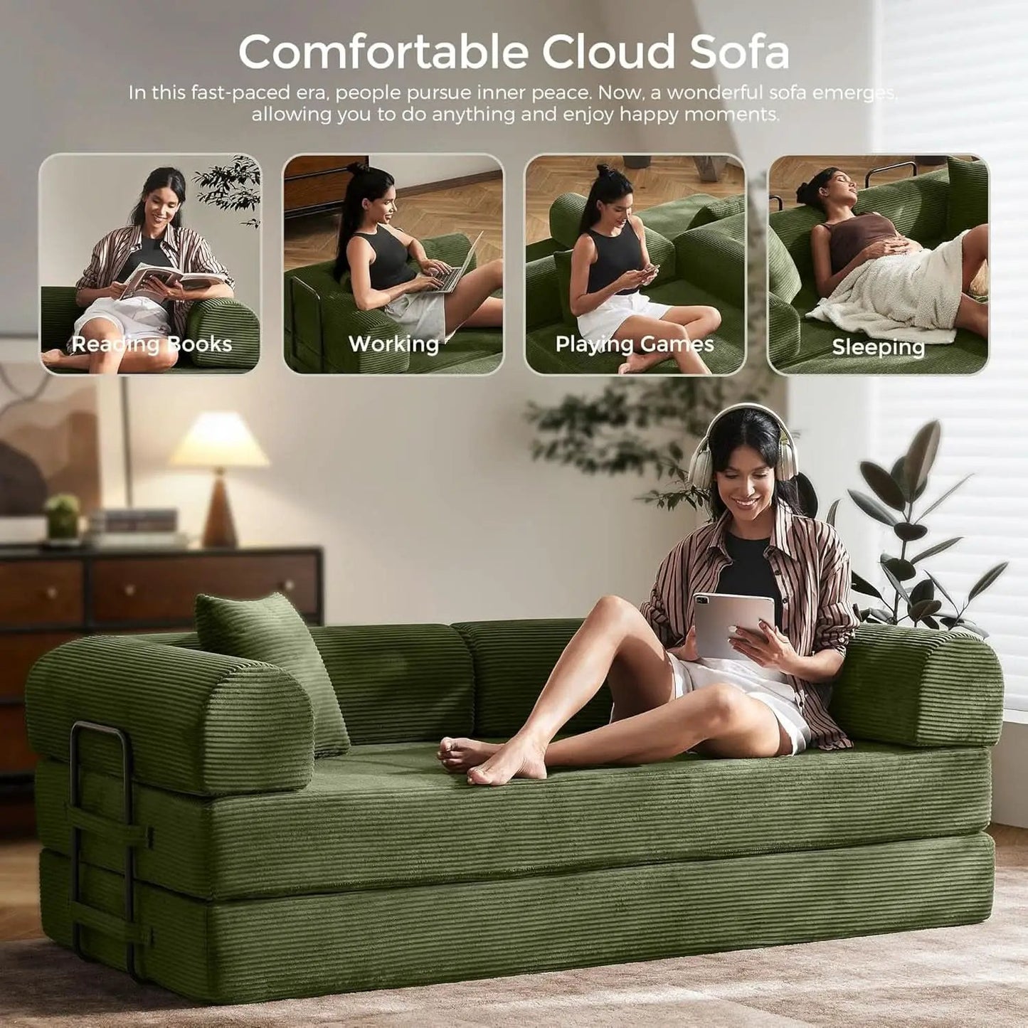 Green Convertible Sofa Bed With Removable Armrests from PriceLows™