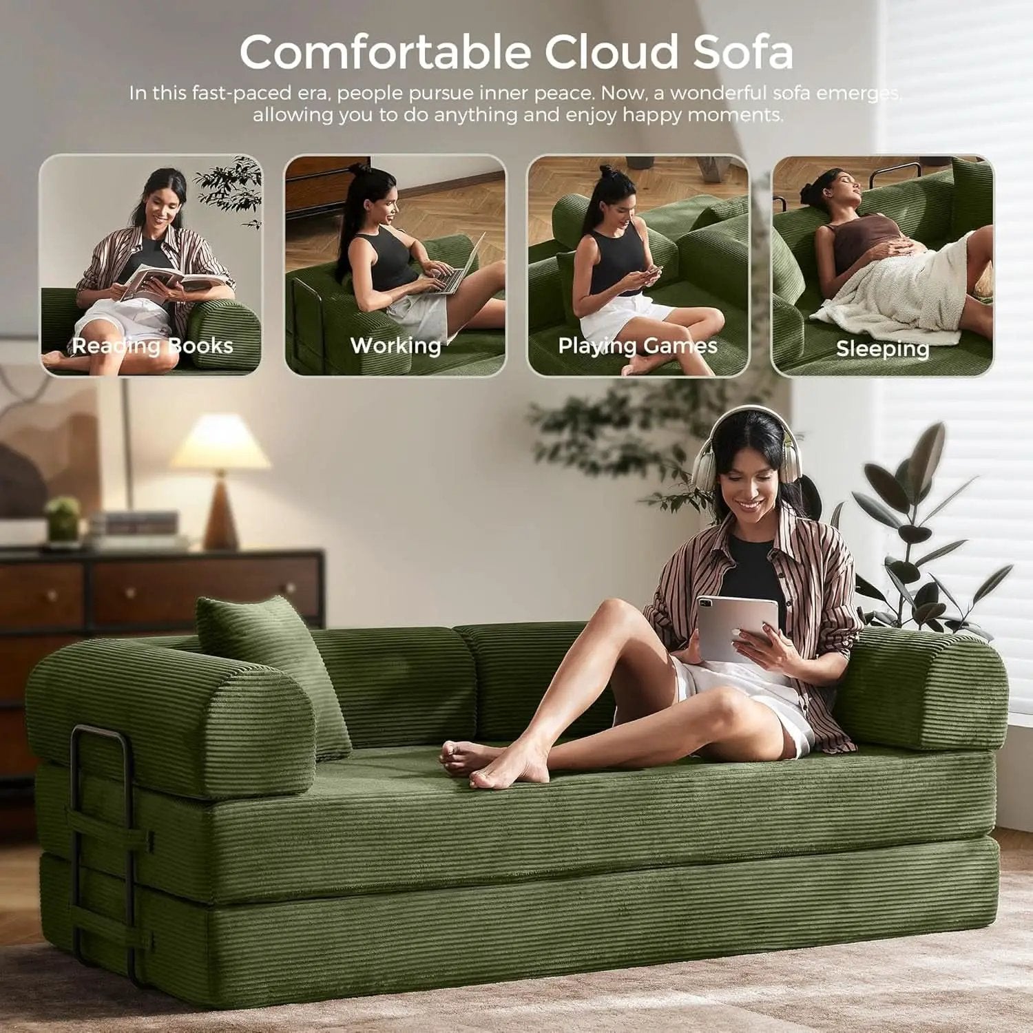 Green Convertible Sofa Bed With Removable Armrests from PriceLows™