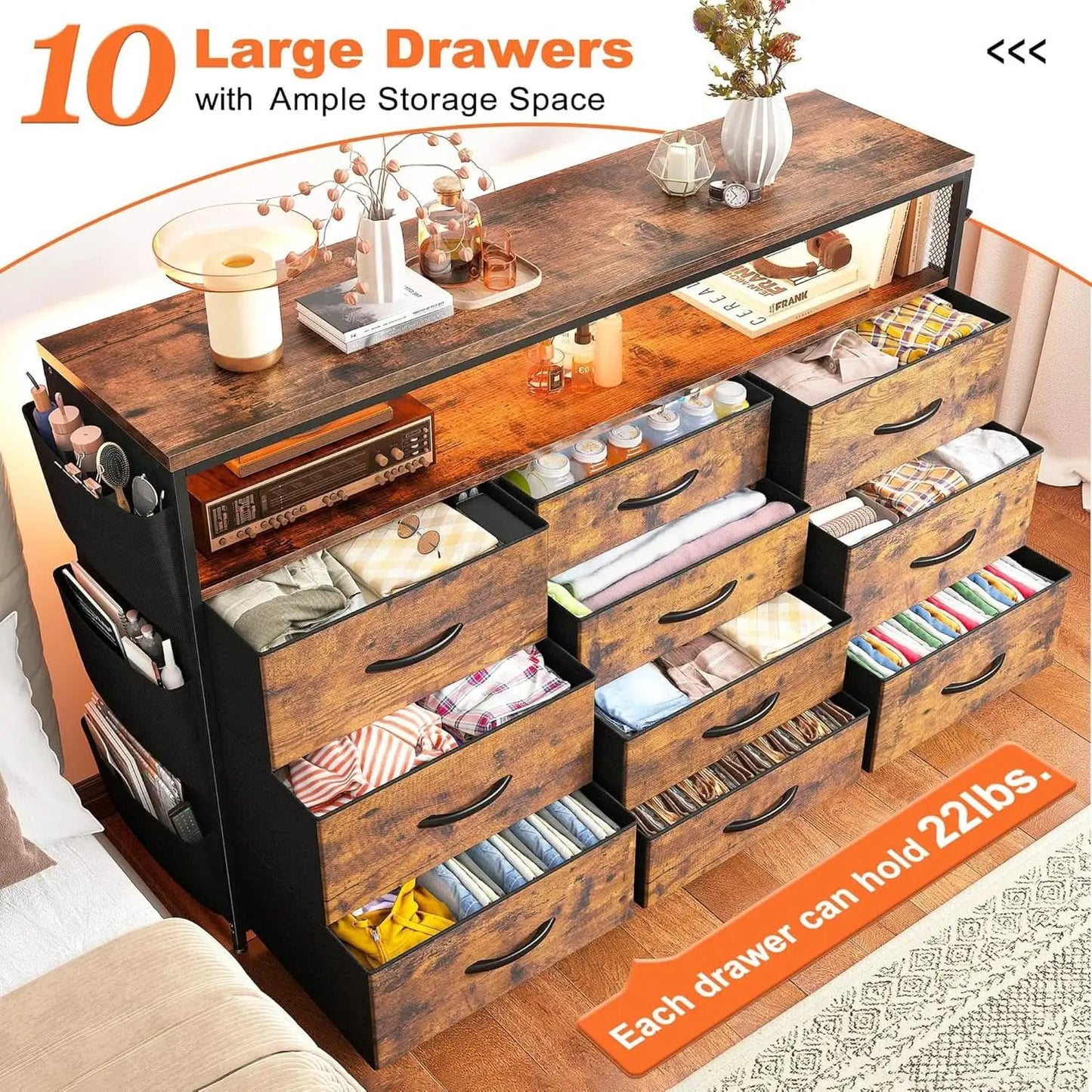 Dresser TV Stand 55 Inch 10 Drawers Rustic Brown Storage from PriceLows™