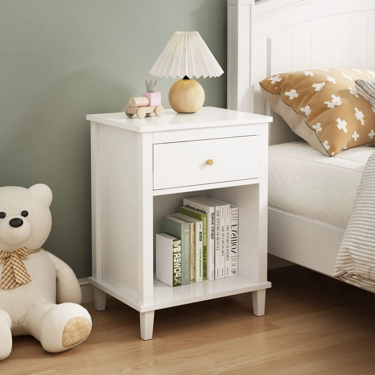 Nightstand | 1 Drawer 1 Shelf | White MDF | Tip Resistant