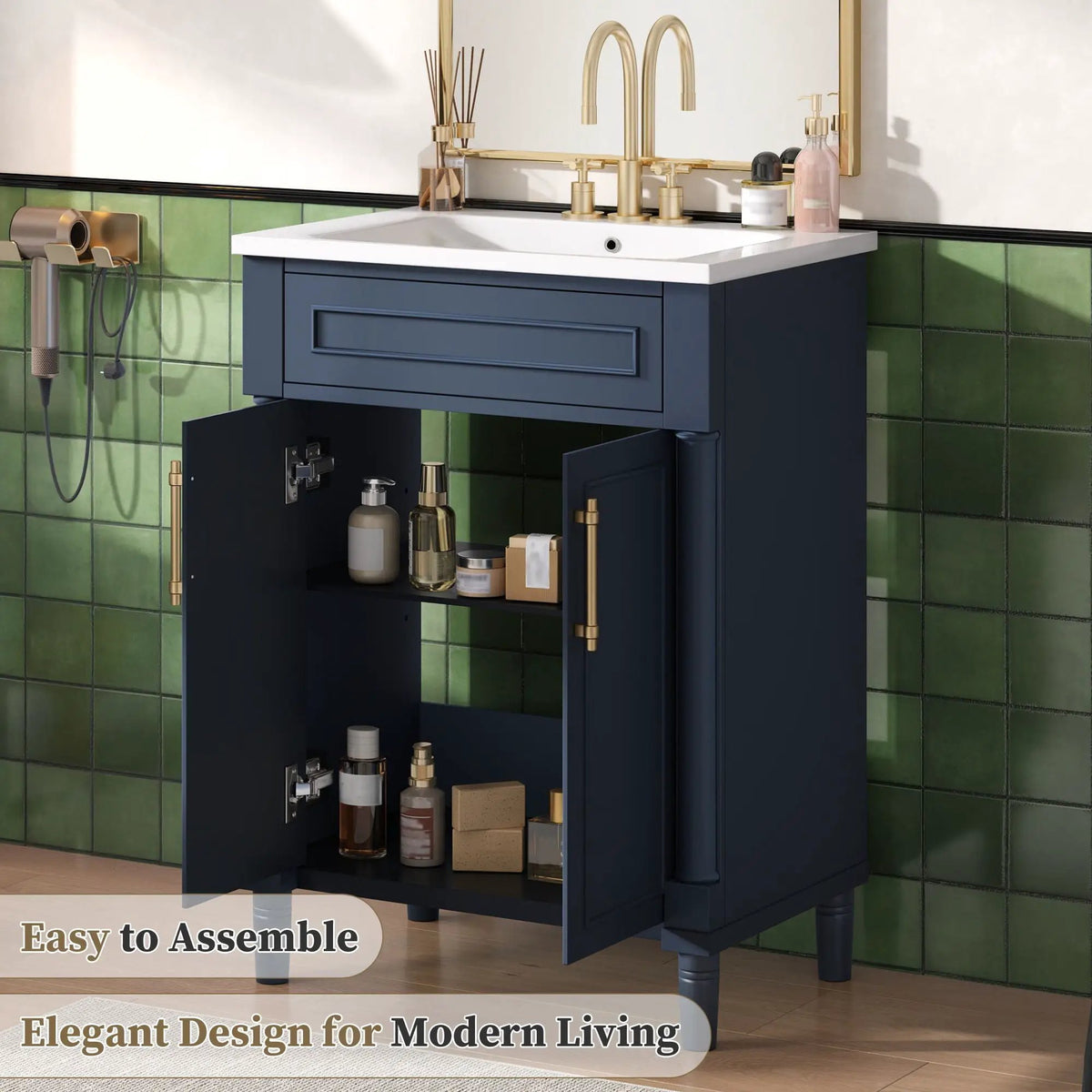 24 Inch Bathroom Vanity | Integrated Sink | 2 Door Cabinet | Small To Medium Bathrooms